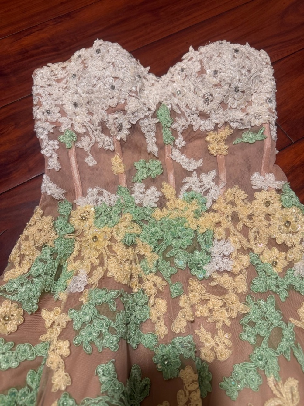 Sherri Hill Strapless Floral Appliqué Cocktail Dress in Blush, Yellow & Mint - Picture 4 of 15